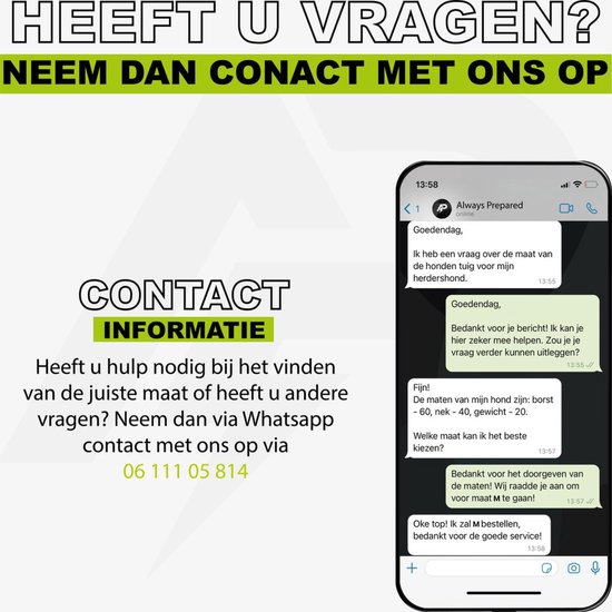 Screenshot van een WhatsApp-gesprek over maathulp voor een hondentuigje.