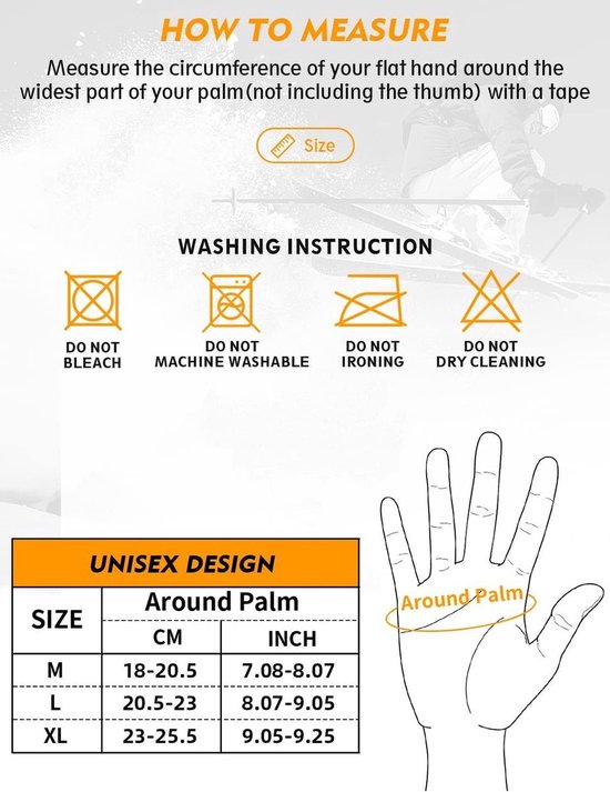 Instructies voor het meten van handen en wassen van handschoenen. Maattabel voor unisex handschoenen.