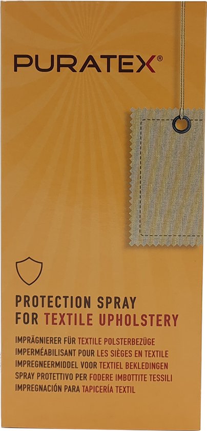 Kartonnen verpakking Puratex® beschermingsspray voor textiel. Goudkleurig met textielstaal.
