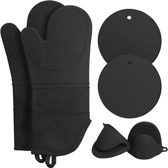 Gants de four noirs en silicone, deux maniques rondes et deux petits maniques en silicone.