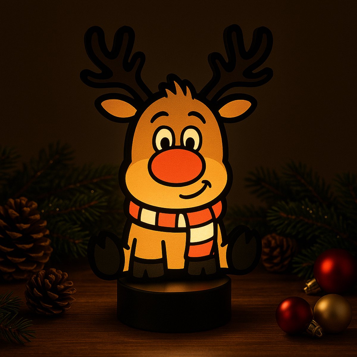 Kerst Rendier Nachtlampje – 3D Cartoon Lightbox met Warm Licht – Sfeervolle Kerstdecoratie