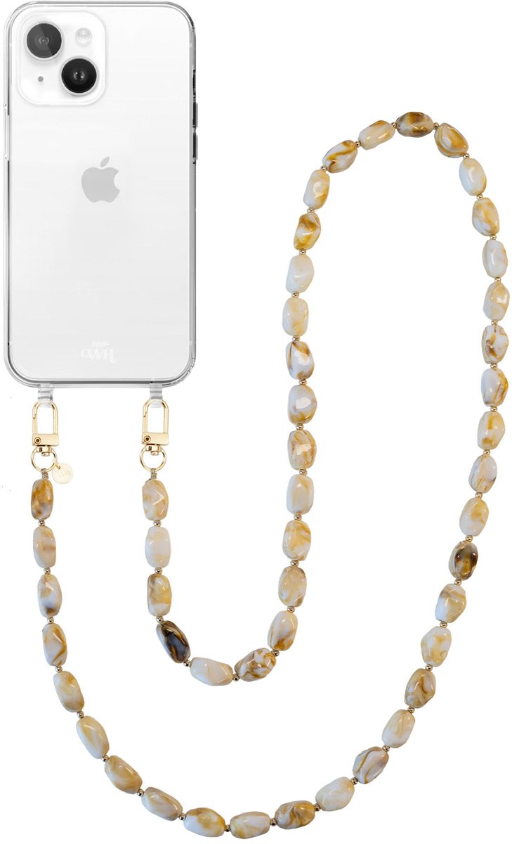 xoxo Wildhearts telefoonhoesje geschikt voor iPhone 15 Plus - Moonlight (lang koord) - siliconen hoesje met koord - Backcover met telefoonkoord - Telefoonhanger stenen ketting - Beige / Wit