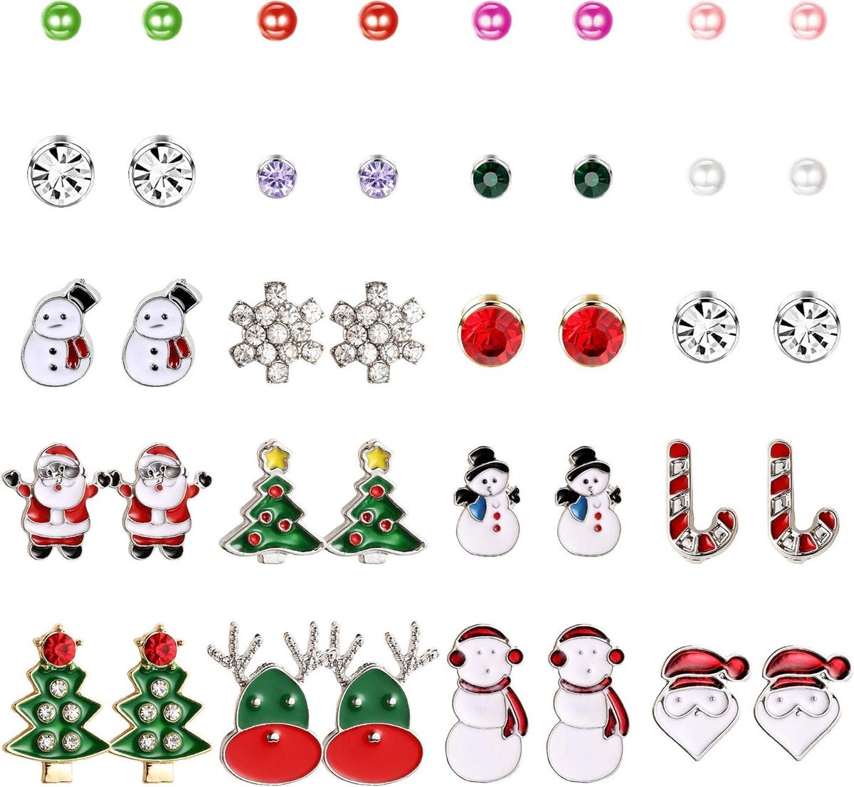 Cosensi - Feestelijke Kerst Oorbel Stud Set voor Vrouwen - Leuke Sieraden - Hypoallergene Kerstcadeaus - Rode Kerstman, Candy Cane, Sneeuwman, Kerstboom, Kristal Metaal - Set van 20 Paar