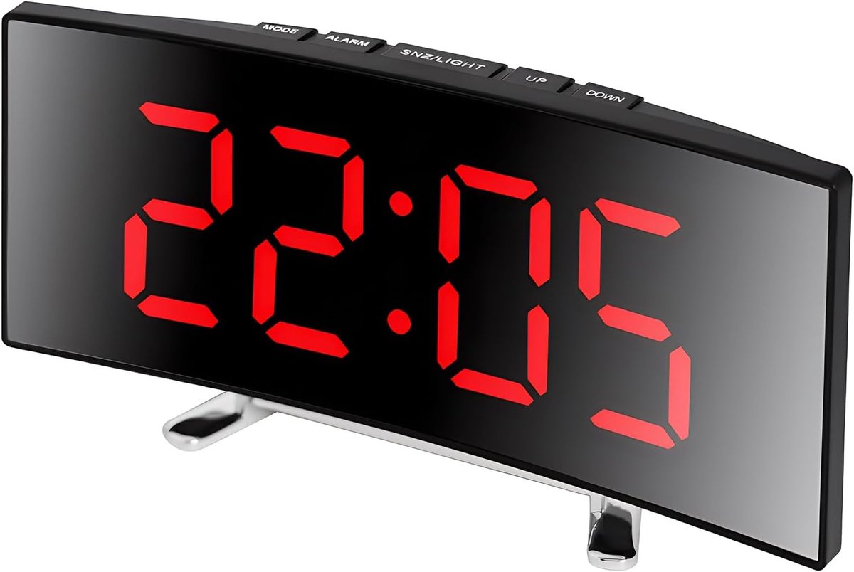 Digitale wekker met een groot gebogen LED-display en oppervlaktespiegelfunctie, voor 12-uurs of 24-uurs thuisgebruik (rood).