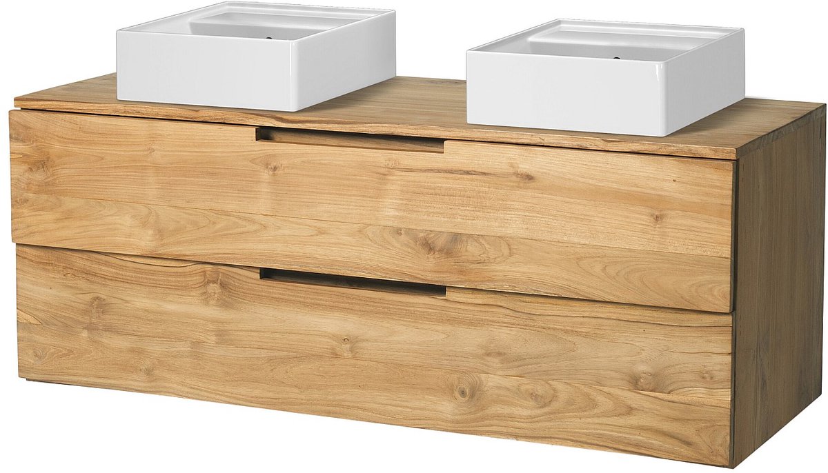 Vente-unique Zwevende badkamerkast in licht teakhout met dubbele wastafel - 2 lades - 115 cm - BIMBING