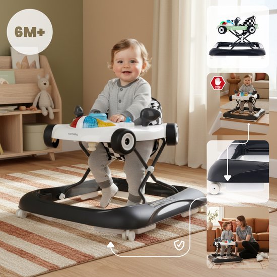 sun baby Loopstoel, baby walker vanaf 6 maanden, verstelbare hoogte, rubberen wielen - Wit-Zwart van Sun Baby — afbeelding 3