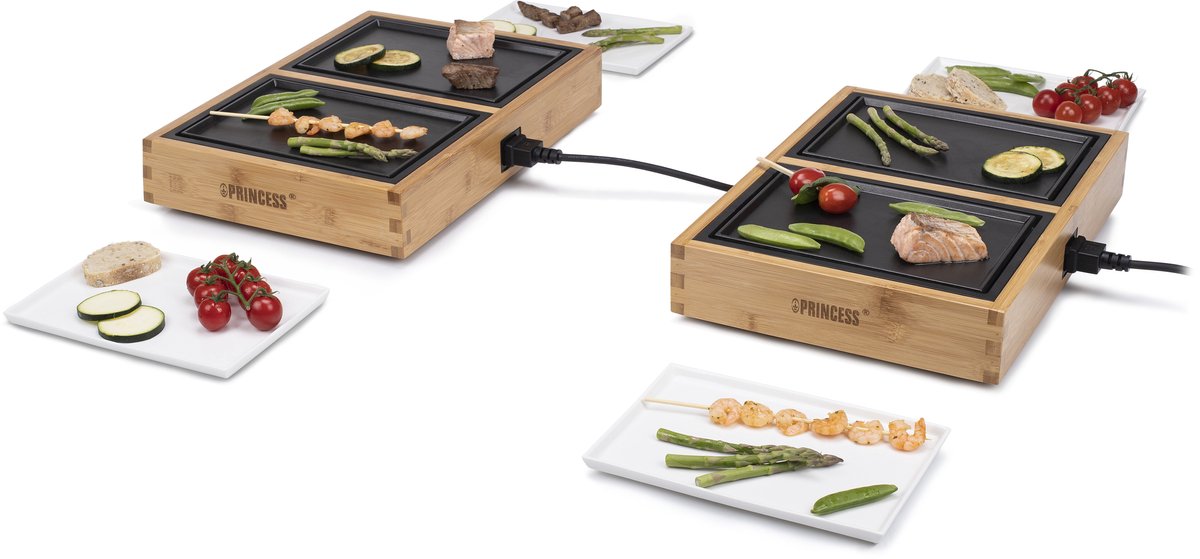 Princess Dinner4all Pure 104040 + 104040 – Gourmetstel - 8 personen - Teppanyaki - Grill & Bakplaat - 2 meter snoer - Bamboe - Uit te breiden tot 10 personen