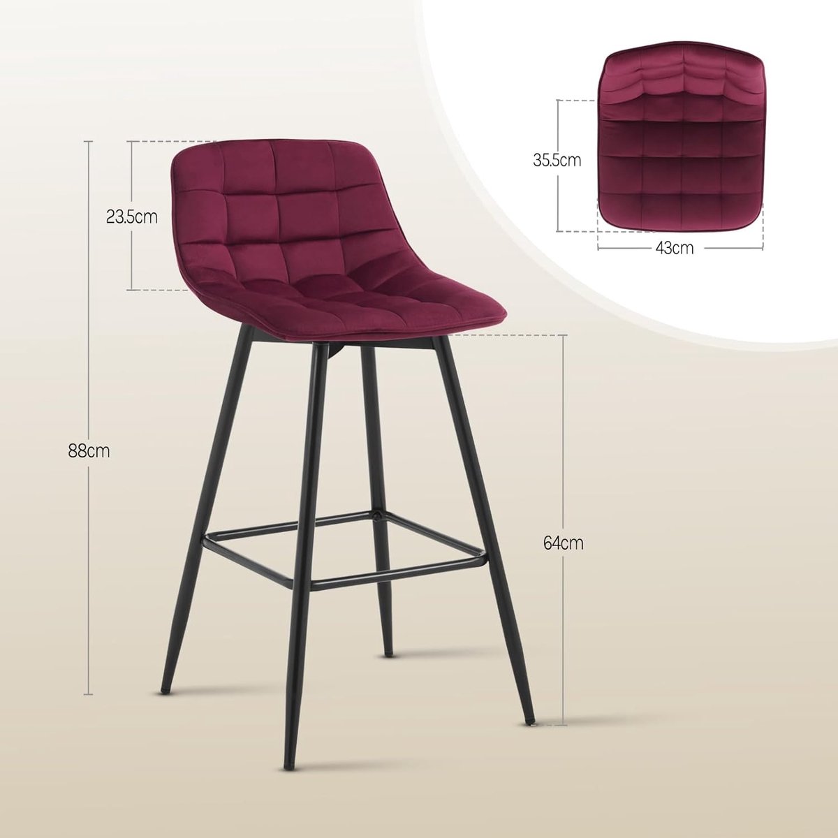 Set van 2 Design Barkrukken met Rugleuning - 43x35,5x88 cm – Luxe fluwelen - Medahomestore