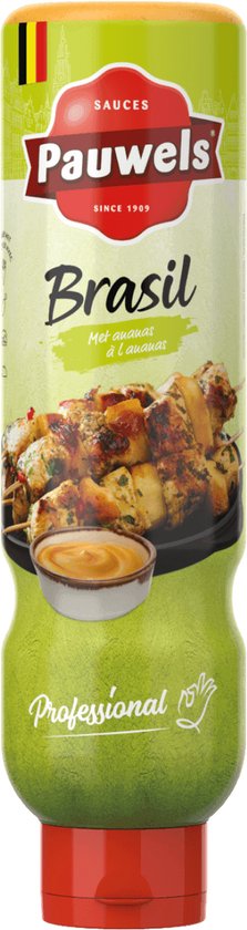 Pauwels Brasil saus in groene tube met rode dop. Afbeelding van kipgerecht met saus.