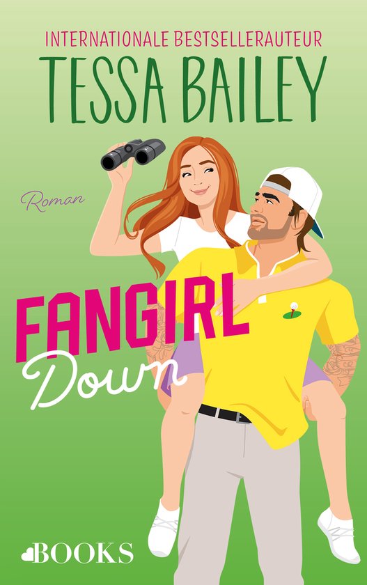 Roman "Fangirl Down" van Tessa Bailey. Een vrouw met rood haar, kijkend door een verrekijker, zit op de rug van een man met een pet en een gele polo.