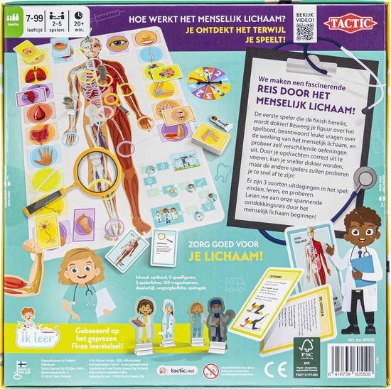 Achterkant speldoos 'Ik leer het menselijk lichaam' met anatomie en spelbeschrijving.