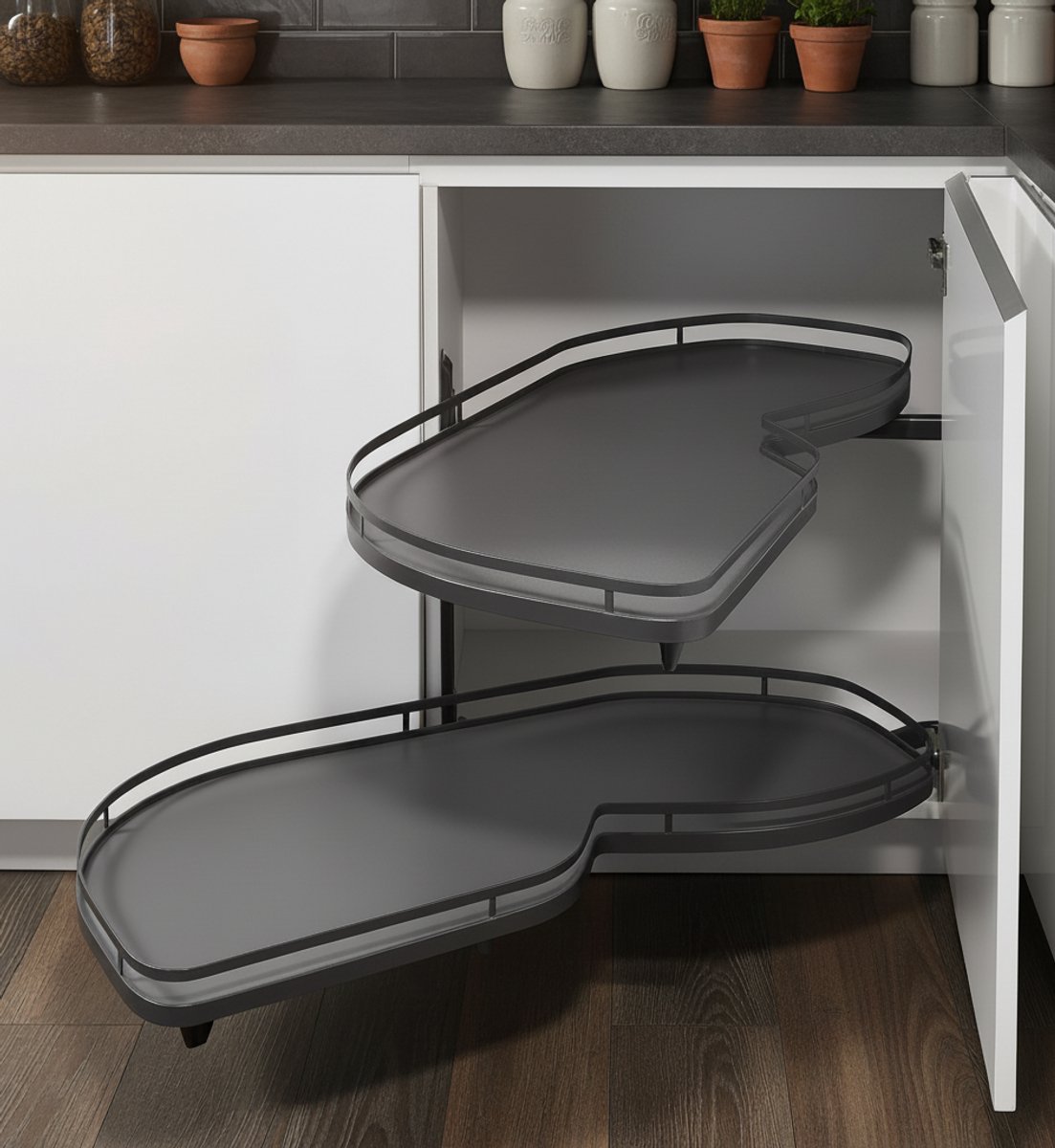 LeMans Pro Luxe Uitschuifbaar Hoekkast Opbergsysteem – Links Uitswenkend Keuken Organizer voor 60 cm Kastdeur – XXL Draaiplateau Set 25kg Belastbaar per Plateau – Anthrazit – Novihome
