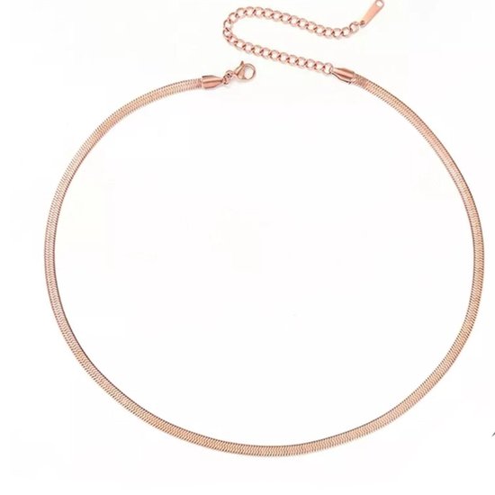 Rosegouden slangenketting met sluiting en verlengketting. De ketting is 5mm breed.