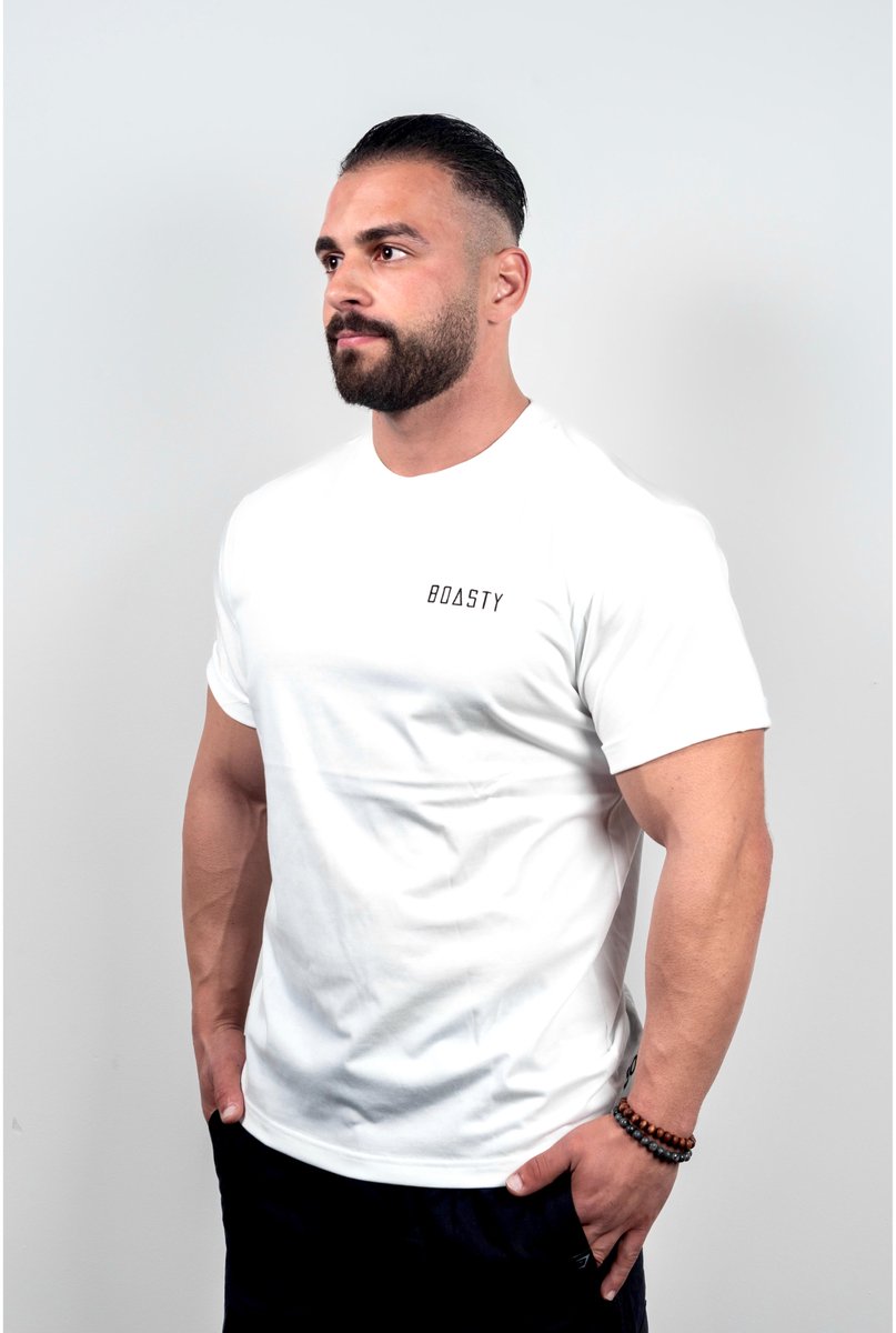 Boasty Oversized T-Shirt Fitness – 100% Katoen 230g – Glad & Kreukvrij – Embroidered Logo – Gym & Workout Shirt – Wit- Large