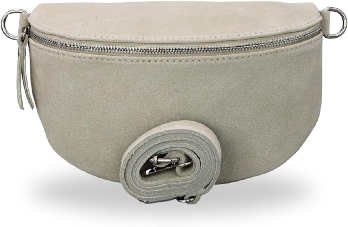 BELCHOME Sahel heuptas voor dames, handgemaakte schoudertas en crossbodytas van suède met leren riem en brede schouderband met patroon, stijlvolle heuptas, gemaakt in Italië, beige