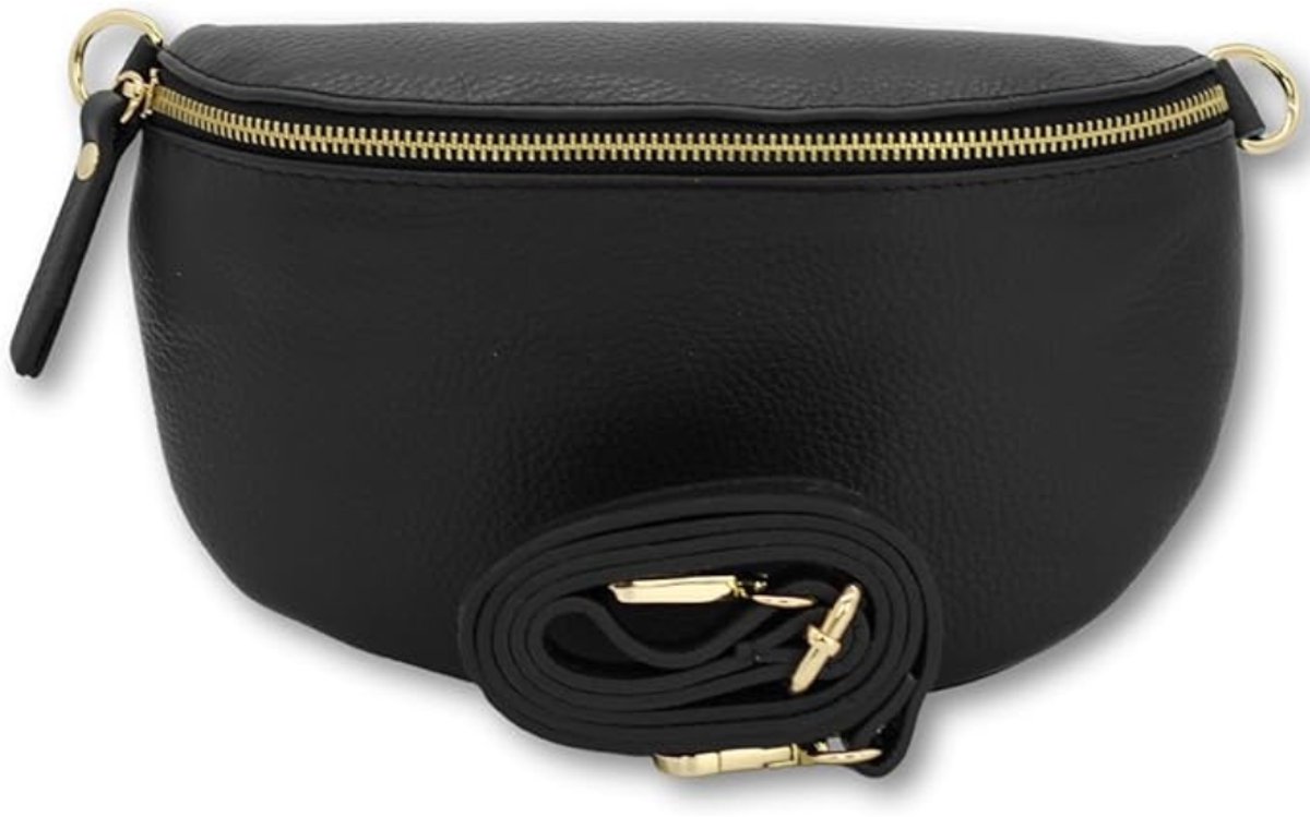 BELCHOME Sahel heuptas voor dames, handgemaakte schoudertas en crossbodytas van echt leer met brede leren riem en extra schouderband met patroon, stijlvolle heuptas met twee ritssluitingen, gemaakt in Italië, Zwart
