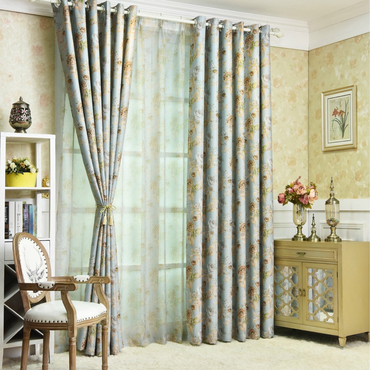 Floraweg Vintage bloemenprint kwastjes boerderij kamer verduisterend gordijn, woonkamer, slaapkamer, landhuisdeur,met haakjes ringen,140x220cm Bloemen03