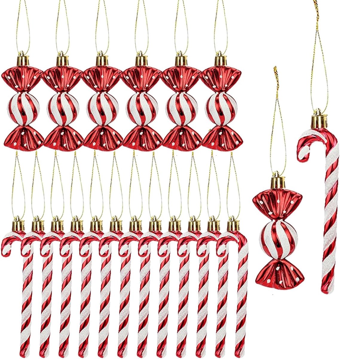 Kerstboomversiering met rode zuurstokjes en snoep om op te hangen, glinsterend en feestelijk.