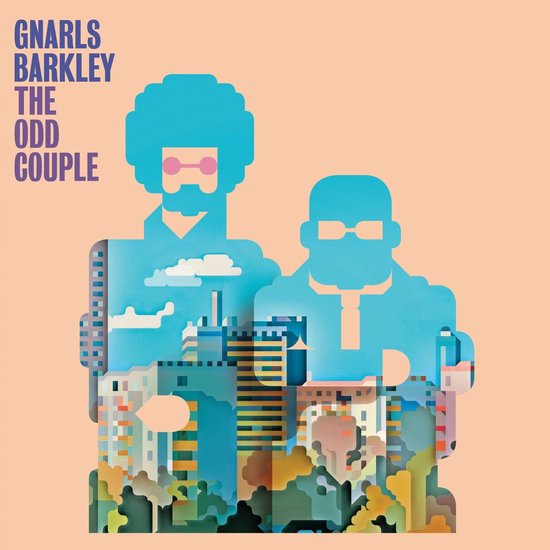 Albumcover 'The Odd Couple' van Gnarls Barkley met twee mannen met blauwe kapsels en brillen boven een stad.