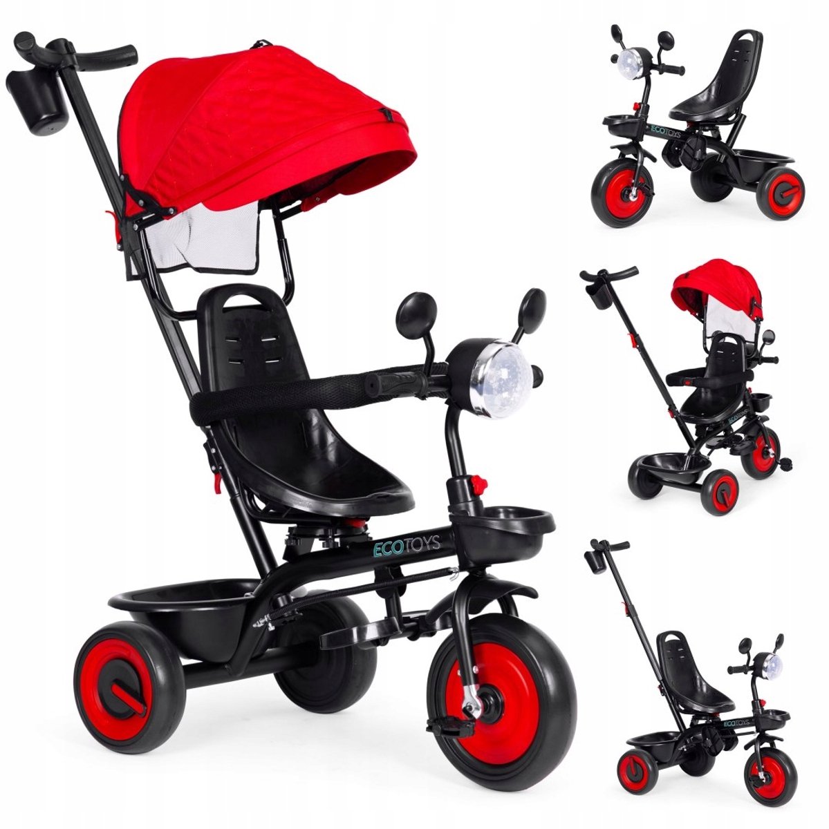 Rode 3-in-1 kinderloopfiets met draaibare zitting en kap