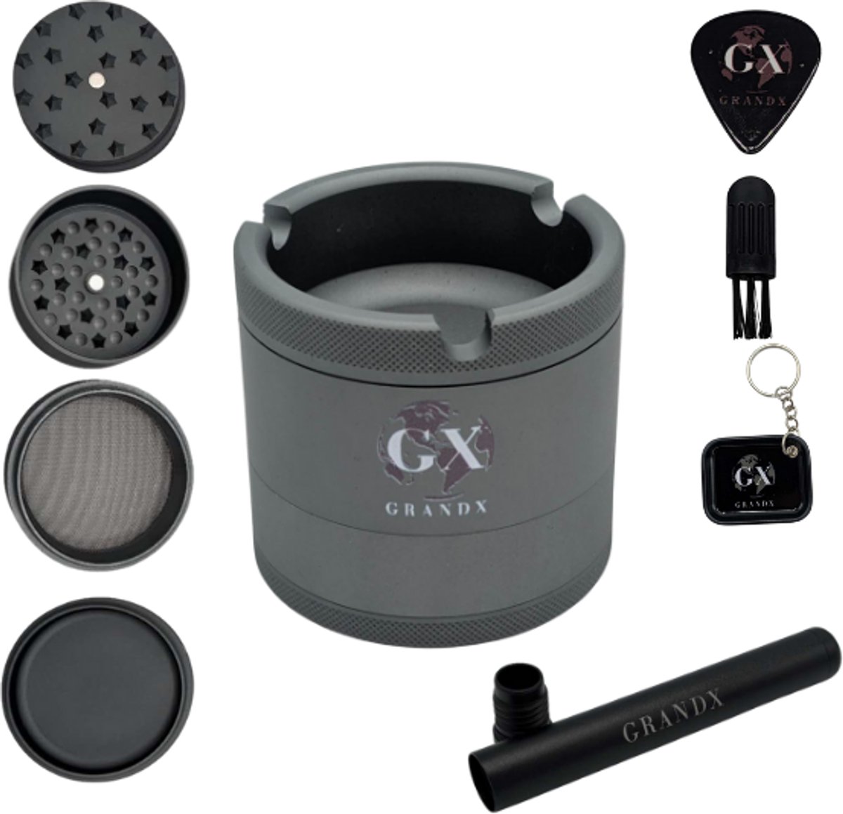 Grand X - Grinder - Grind 'n Ash - Crusher - Metaal - Grijs - Volledige Grind Set - Kruidenmaler