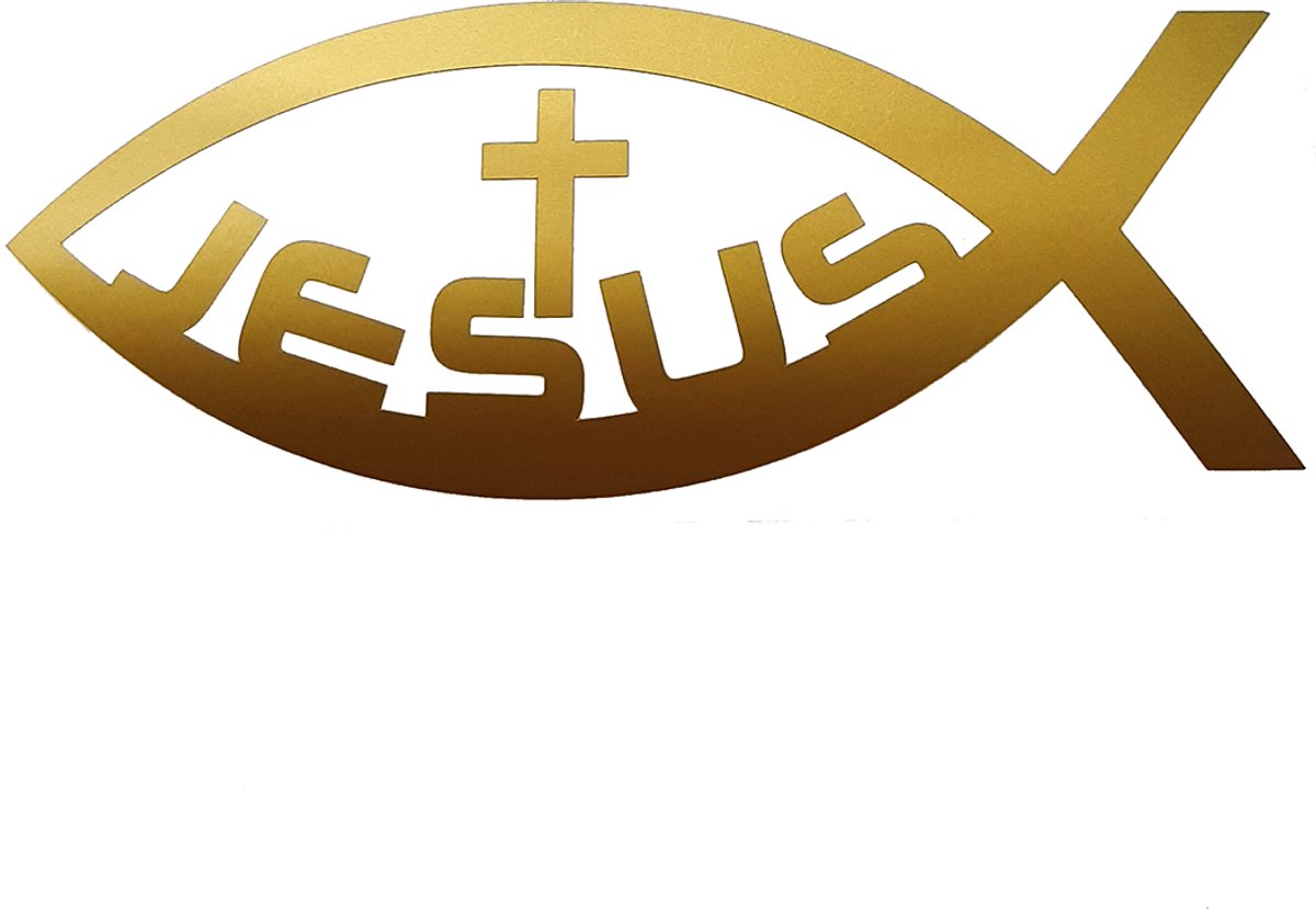 Ichtus vis met kruis en jezus sticker - 14x6cm - Goud - topkwaliteit avery autoreclame folie
