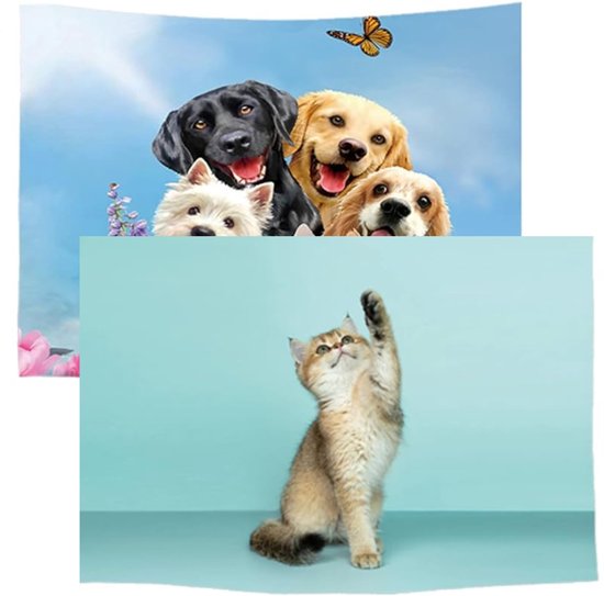 Ulticool - Tapisserie - Chien Animaux Chiens Chat Chat Pet - Set de 2 motifs - 73 x 95 cm - Tissu Tapisserie - Poster Art - Blauw Wit
