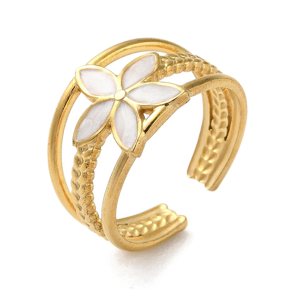 Ring stainless steel met witte bloem bohemian, one size ring, goudkleurig, 100% waterproof, verstelbare ring, cadeau