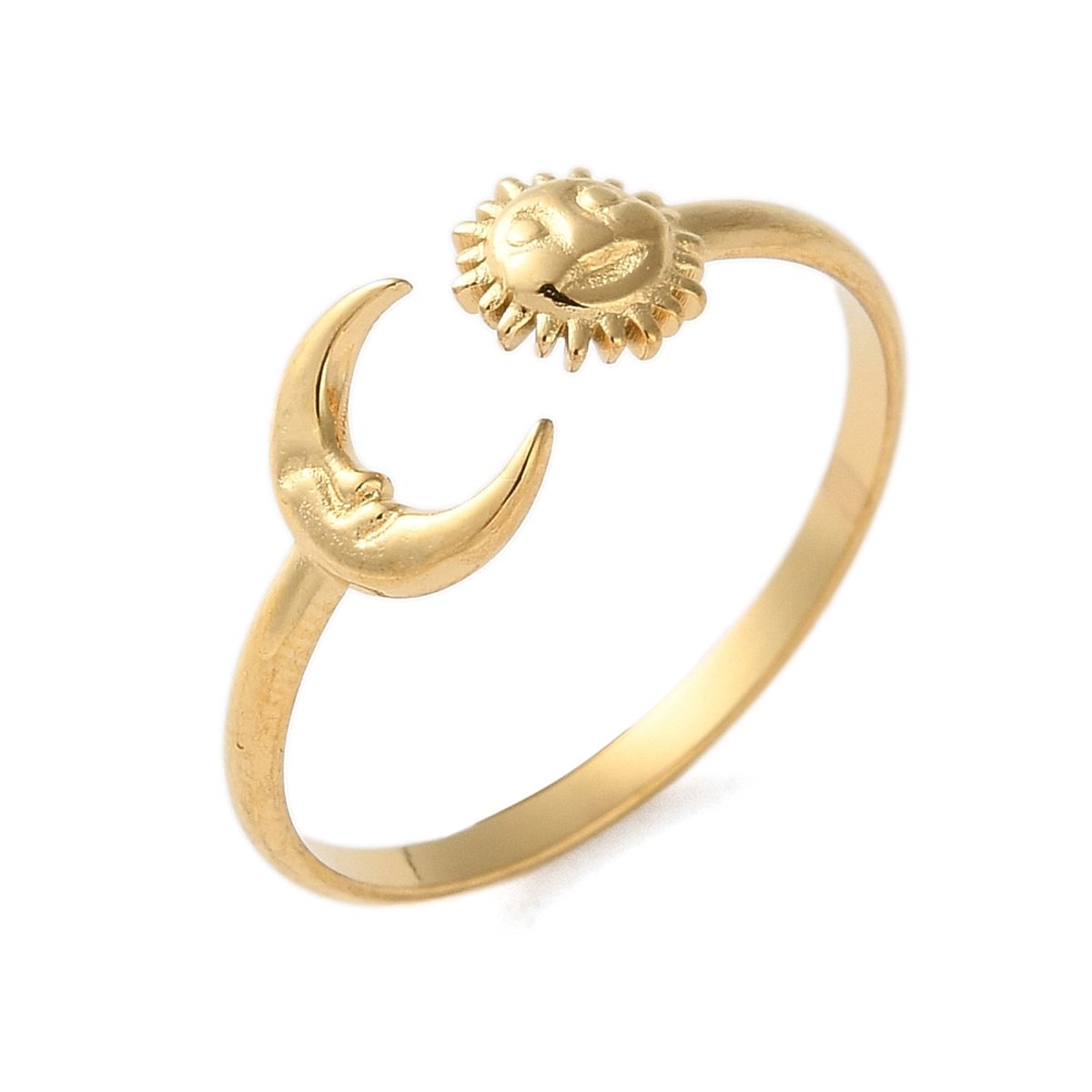 Ring stainless steel zon en maan bohemian, one size ring, goudkleurig, waterproof, verstelbare ring, cadeau