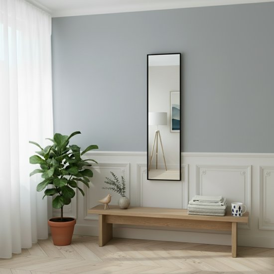 Wandspiegel, zwart, metaal, badkamerspiegel, hangspiegel, 50 x 70 cm