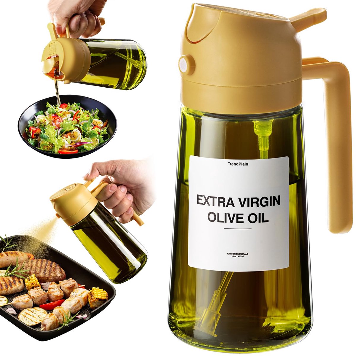 Olijfolie Sprayer - Glas - Olijfolie Fles Verstuiver voor Keuken - Oliespray - Oliefles - BBQ Accesoires - Olie Pomp Bakspray - Cooking Spray - Oliekwast - Handmatig spuiten of gieten - Buiten bereik van licht bewaren - 470 ML - geel