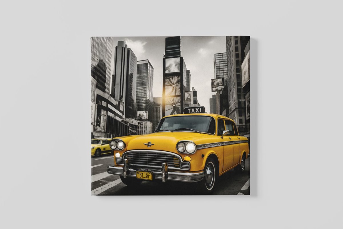 Trendex Global Vierkant Canvas Schilderij - Gele Taxi - New York - Stad - 100x100 cm Geel