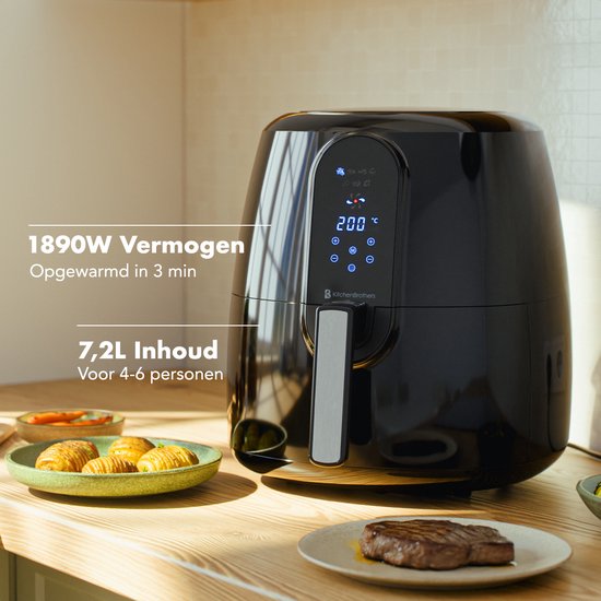 KitchenBrothers Airfryer XL - PFAS-Vrij - 1890W - Heteluchtfriteuse XXL - 7,2L Inhoud - 80ºC tot 200ºC - Zwart