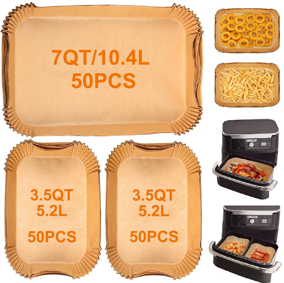 Rechthoekig bakpapier voor de airfryer, 10,4 liter + 5,2 liter dubbele pan, 150 vellen