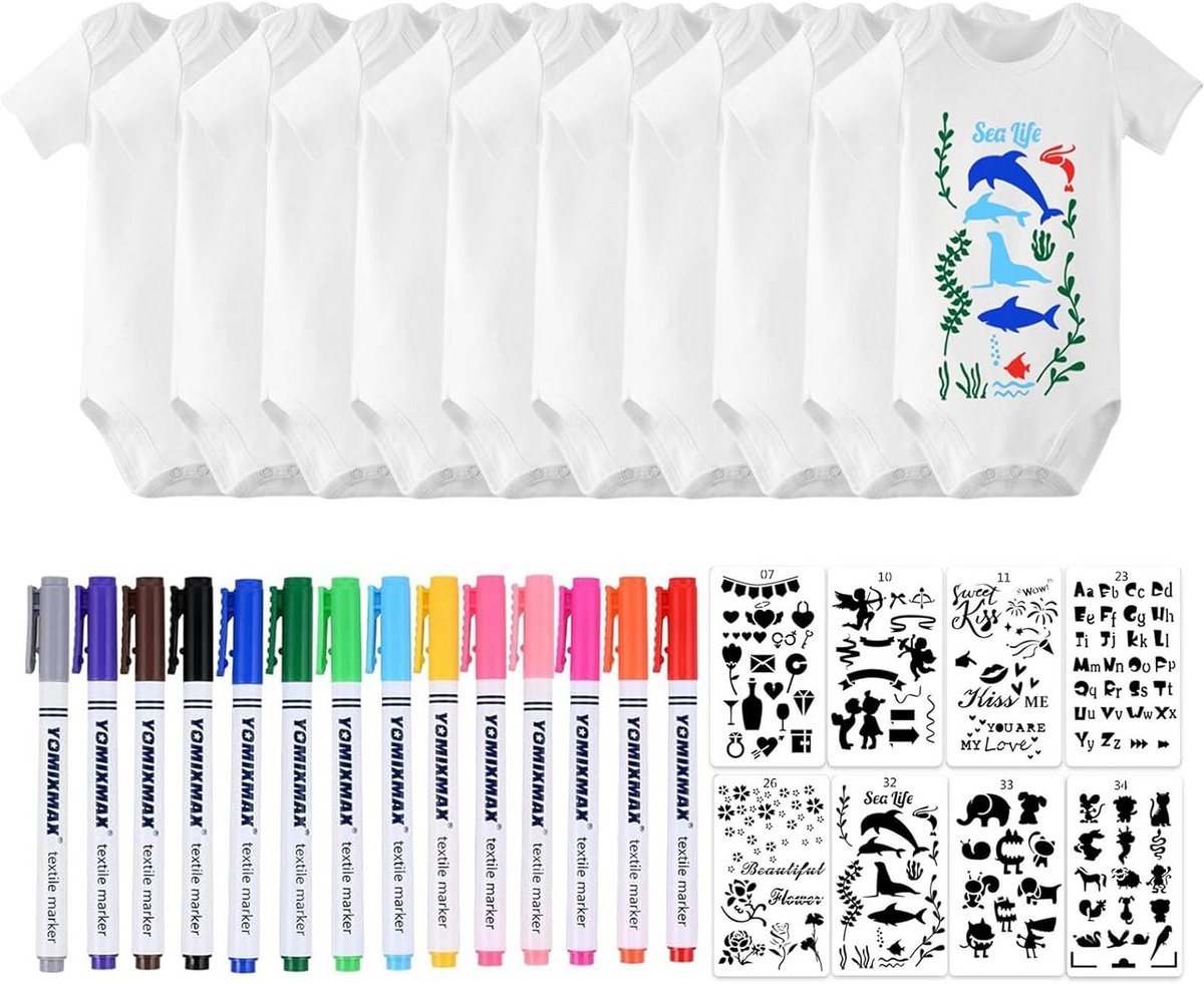 DIY Baby Rompertjes Set - 8 Stuk Witte Rompertjes met 14 Kleurrijke Textielstiften en Sjablonen voor Creatief Schilderen