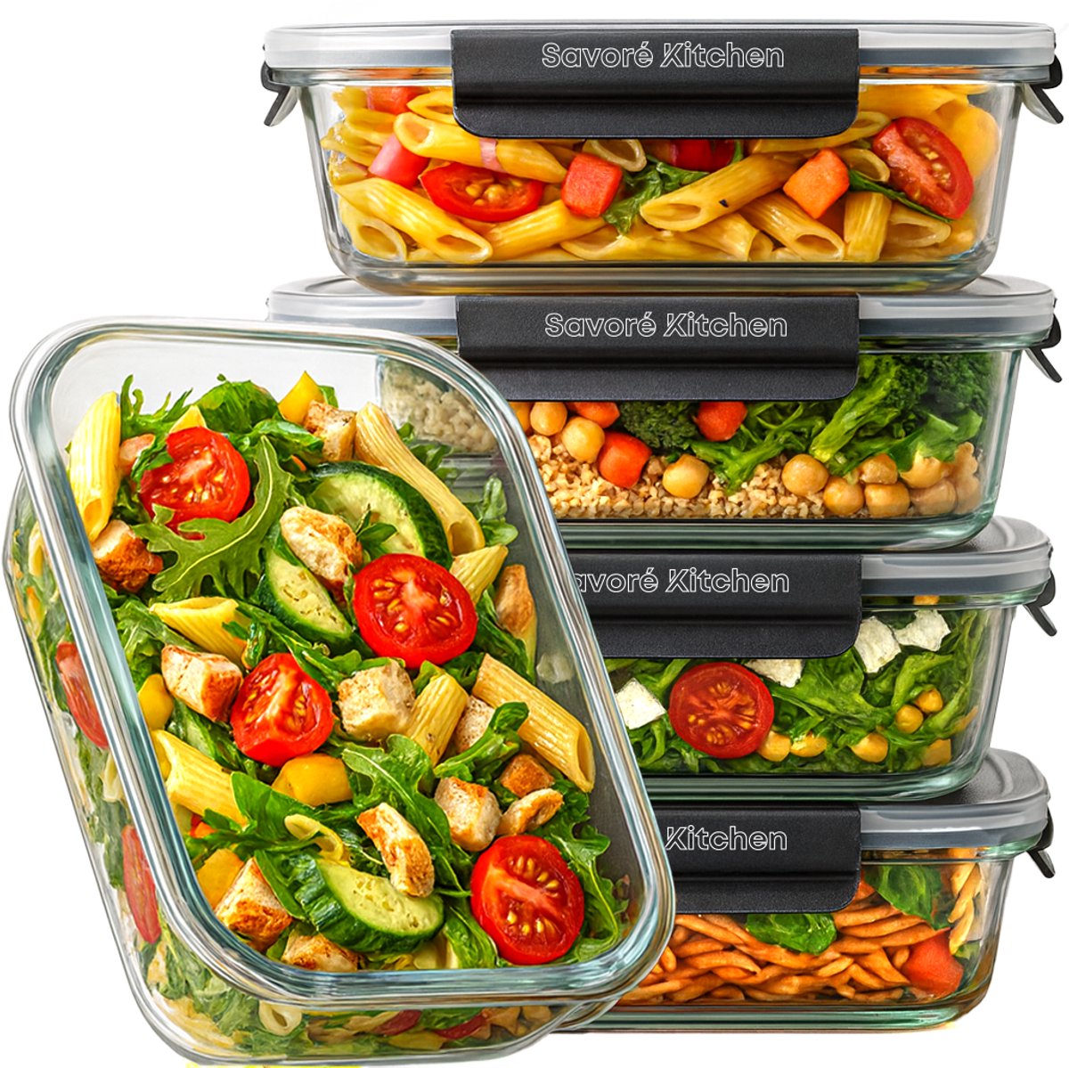 Savoré Kitchen Vershoudbakjes Set – Glas - 5 Stuks Met Stoom Deksel -1040ML - Meal Prep Bakjes - Diepvriesbakjes - Luchtdicht — afbeelding 1