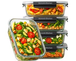 Omslag van Savoré Kitchen Vershoudbakjes Set – Glas - 5 Stuks Met Stoom Deksel -1040ML - Meal Prep Bakjes - Diepvriesbakjes - Luchtdicht