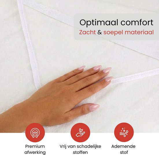 Hand met nagellak strijkt over zacht witte stof van een deken. Tekst: Optimaal comfort, Zacht & soepel materiaal.