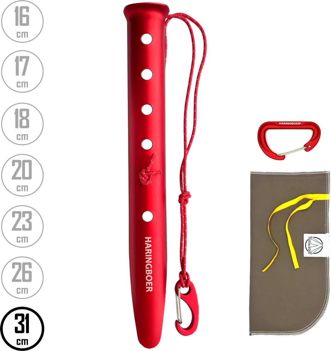 Tentharingen Aluminium 31 cm - 8x Sneeuw- en zandharingen voor Tent met PegPull® - Incl Haringzak & Carabiner - Haringboer®