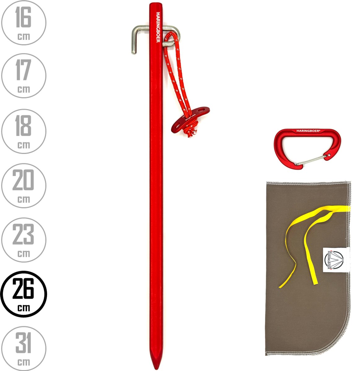 Tentharingen Aluminium 26 cm - 12x Rotspennen voor Tent met PegPull® - Incl Haringzak & Carabiner - Haringboer®