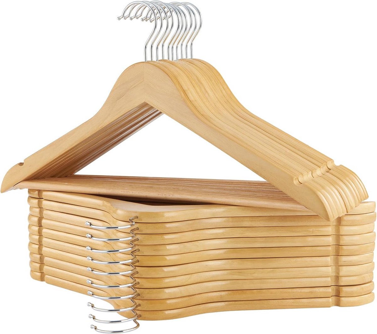20-pack massief houten kleerhangers met gladde afwerking en verchroomde draaihaak