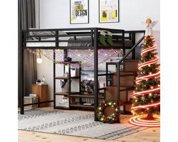 MODFU Bedframe 140x200 cm, verhoogd bed van metaal met tv-stand en stopcontact, veilige opbergladder, zwart