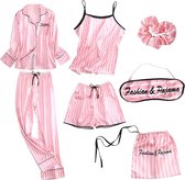 Pyjama's - Damespyjama's - 7-delige set - Satijnen pyjamaset - Top, broek en short voor lente/zomer/herfst - Roze-L