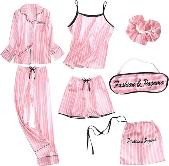 Pyjama's - Damespyjama's - 7-delige set - Satijnen pyjamaset - Top, broek en short voor lente/zomer/herfst - Roze-L