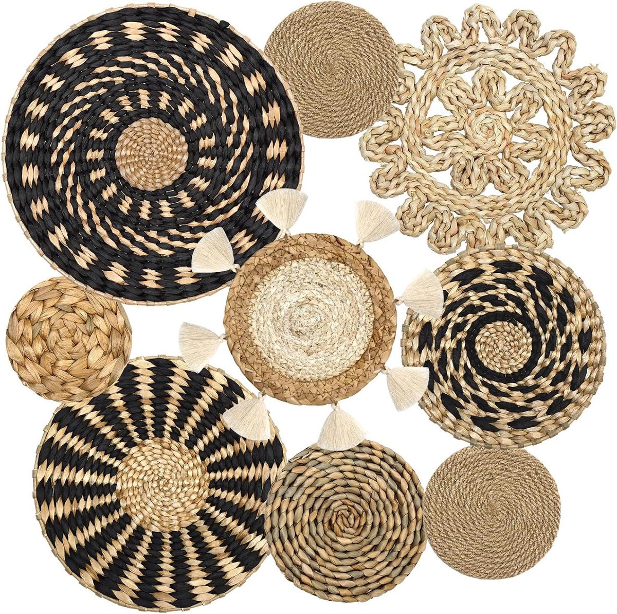 Ronte - Boho wandmanden set 9-delig rotan decoratieset met kwastjes en macramé - handgeweven muurkunst voor woonkamer en slaapkamer - boho rustiek.
