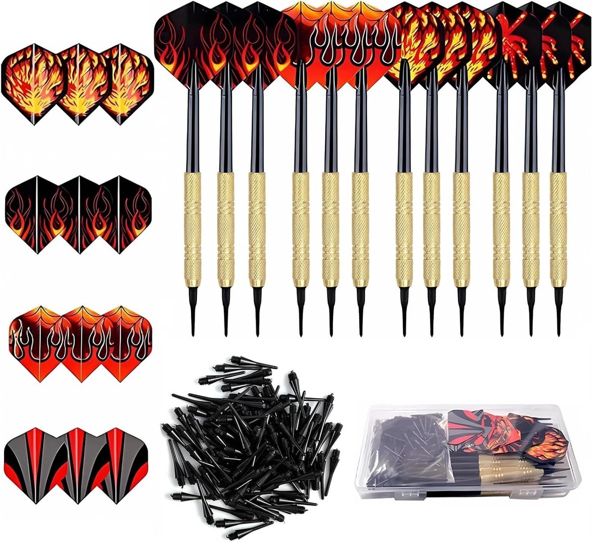 Ronte - Set van 12 softtip dartpijlen met 14 gram gewicht - Inclusief 24 stuks plastic punt dartpijlen en 100 dartaccessoires - Geschikt voor elektronische dartborden