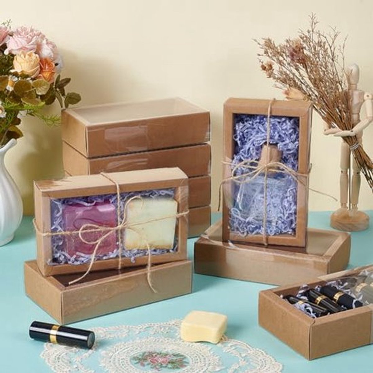 12 Stuks Kraft Papier Tray Box - 17,3x10,2x4,2cm - Rectangle Cadeauverpakking met Lege Tags