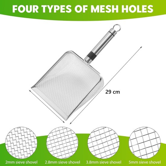 Roestvrijstalen zeefschep van 29 cm, met vier close-ups van verschillende maaswijdtes: 2mm, 2.8mm, 3.8mm, 5mm.
