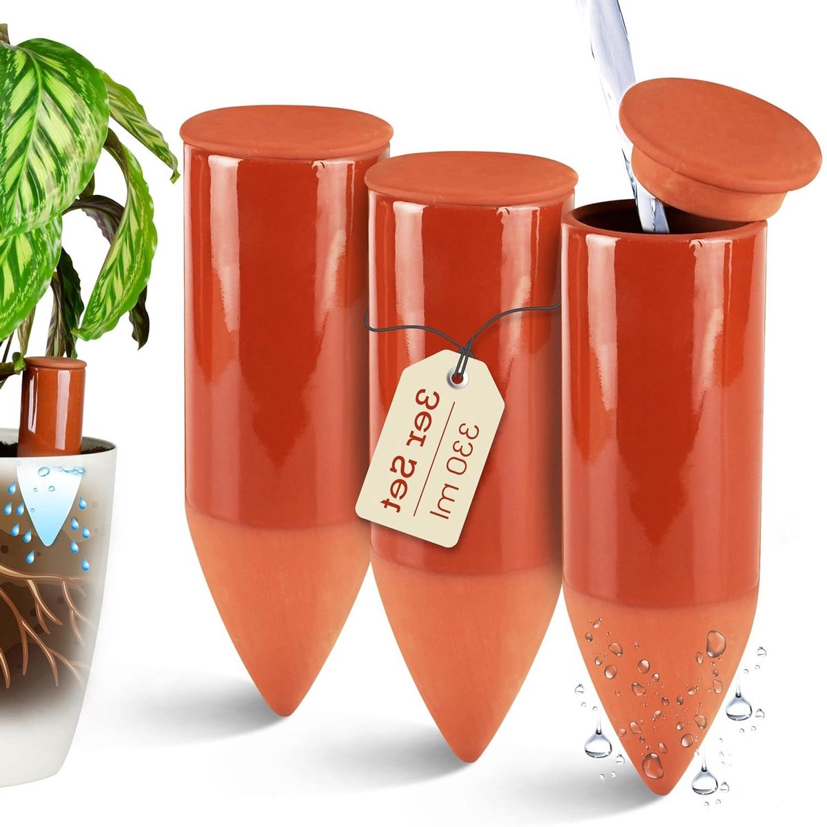 Ronte - Terracotta giethulp voor kamerplanten - set van 3 - met waterniveau-indicator. Optimaliseer irrigatie en verzorging!