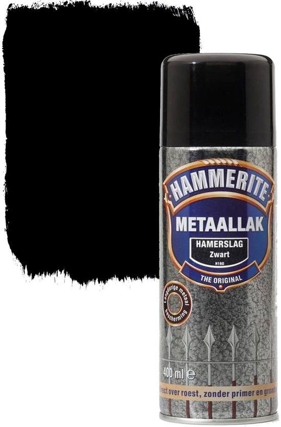 Hammerite metaallak spuitbus zwart met hamerslag effect.